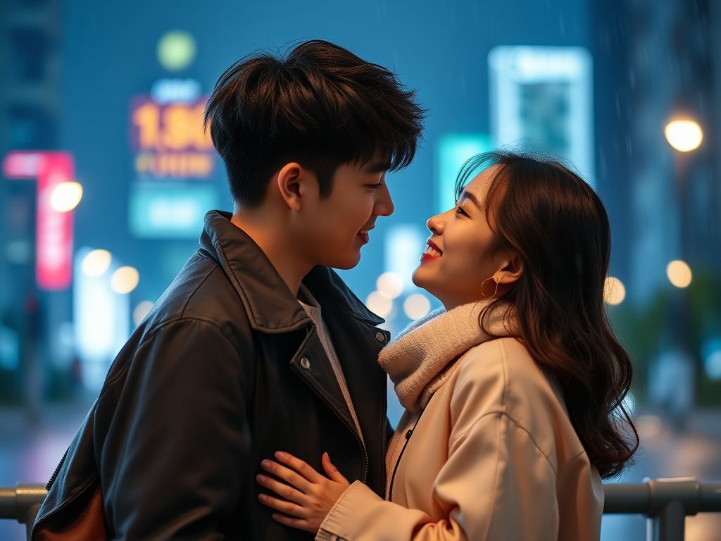Korean romance couple under city lights after rain