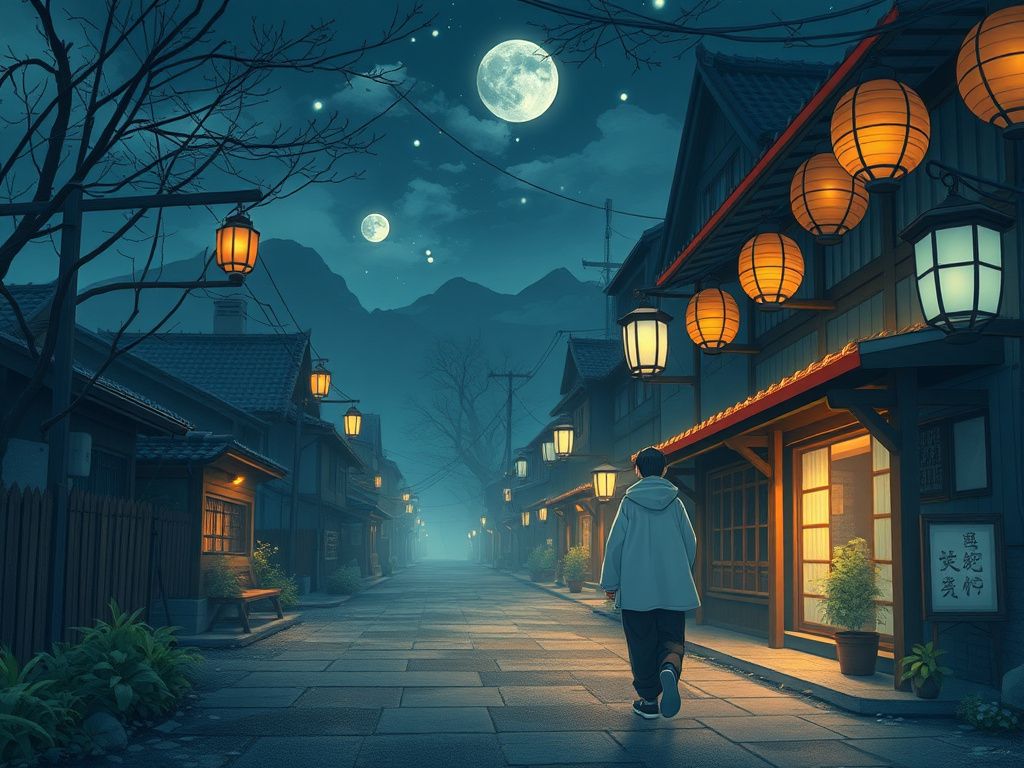 Japanese anime ghost guide walking through a quiet lantern town