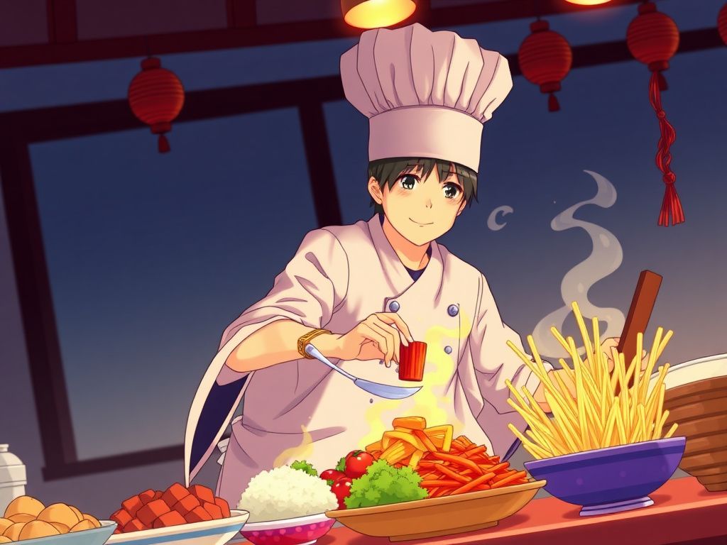 Japanese anime chef preparing a colorful festival meal