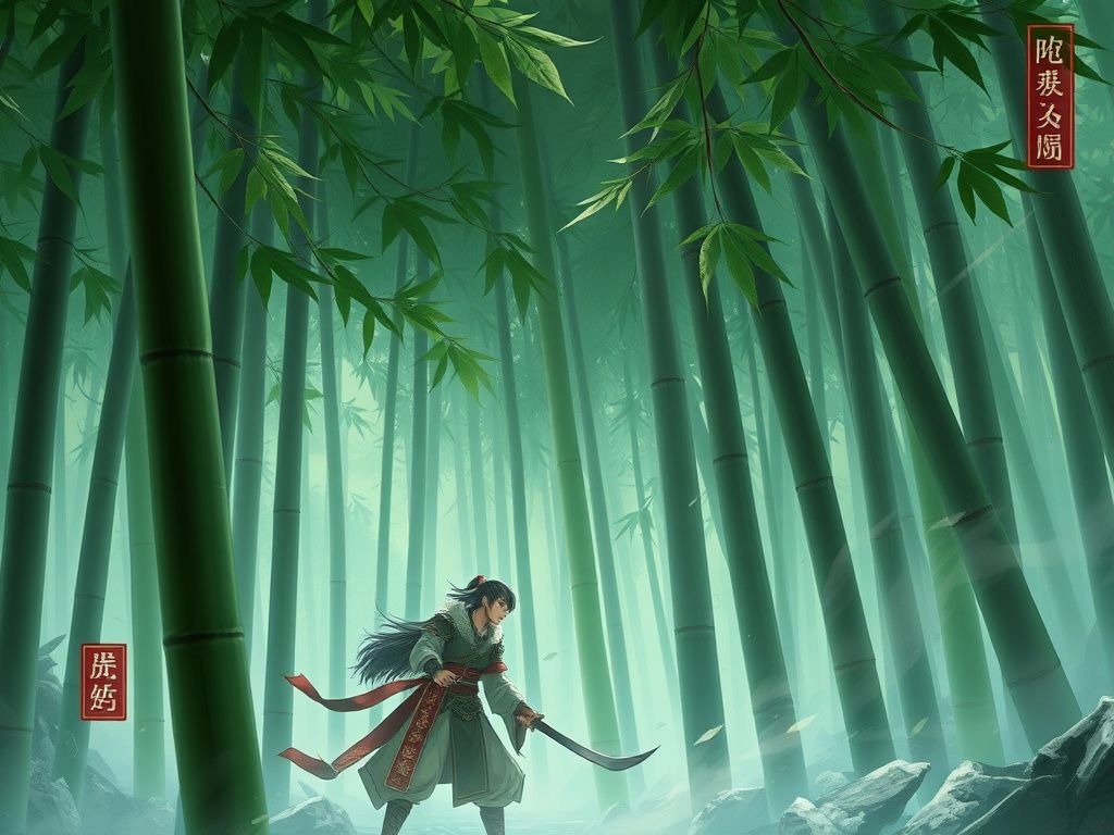 Chinese fantasy anime warrior beneath green bamboo