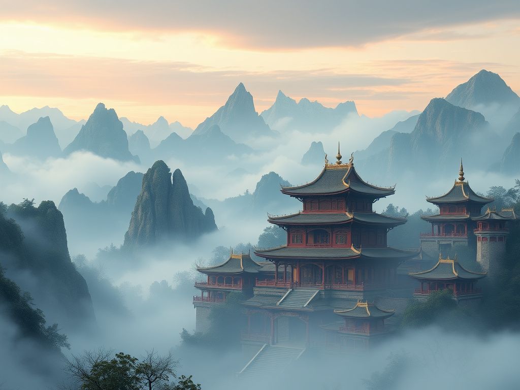 Chinese fantasy city surrounded by mountains and mist