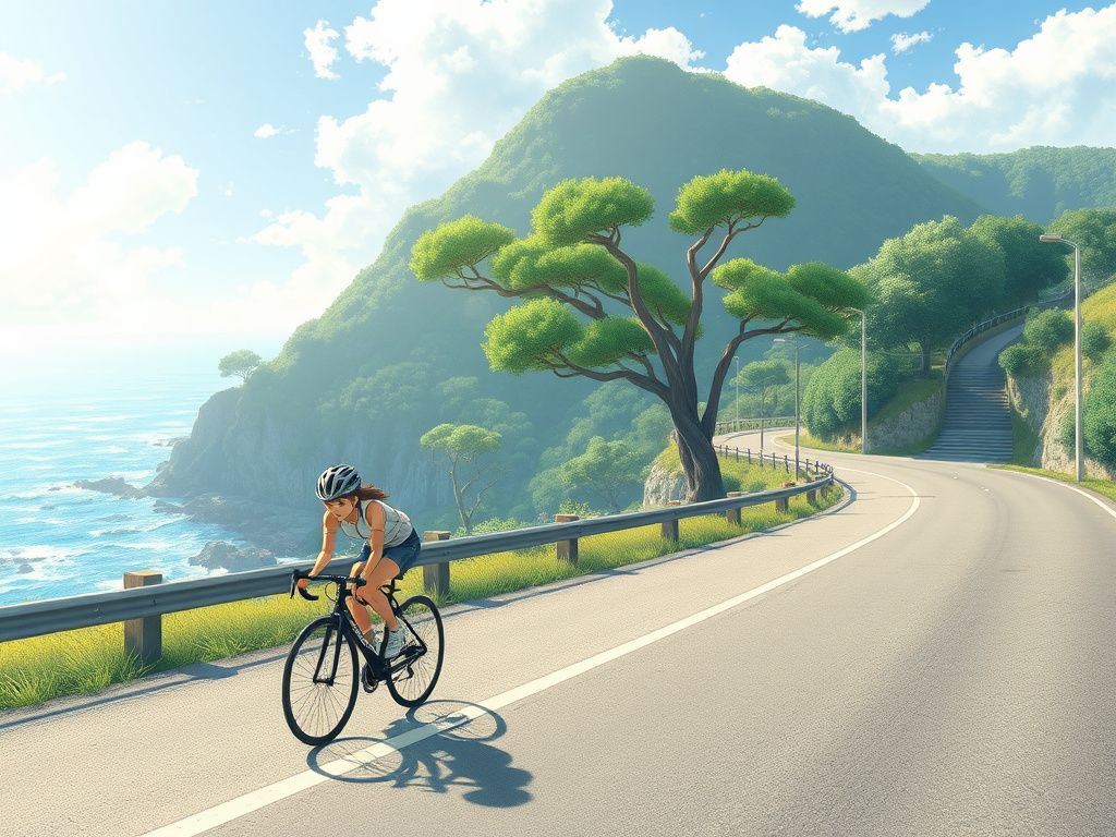 Japanese anime cyclist racing along a coastal road