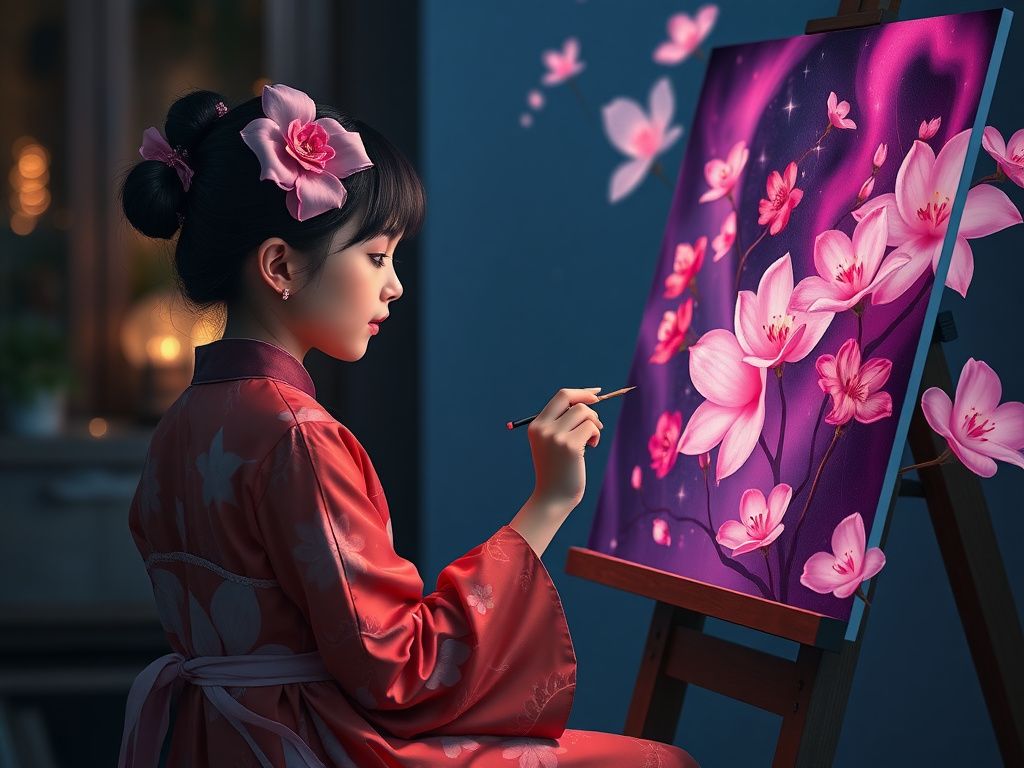 Chinese girl painting luminous flowers in a night studio