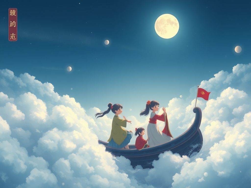 Chinese anime family sailing through a cloud sea