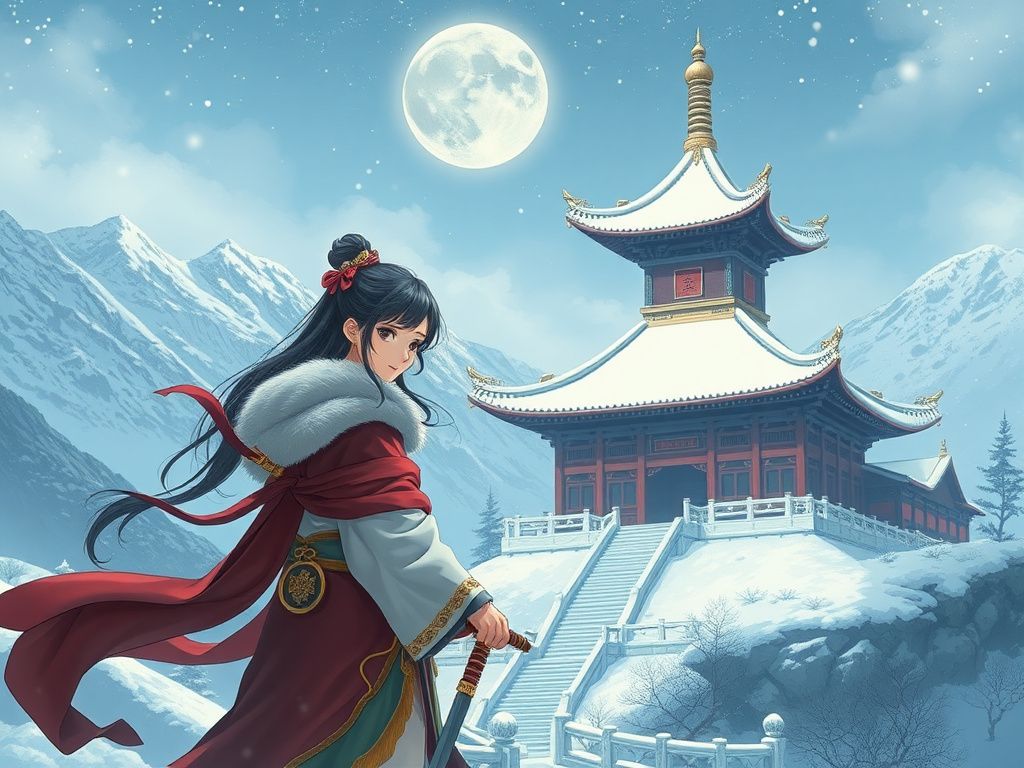 Chinese anime heroine guarding a snowy mountain temple