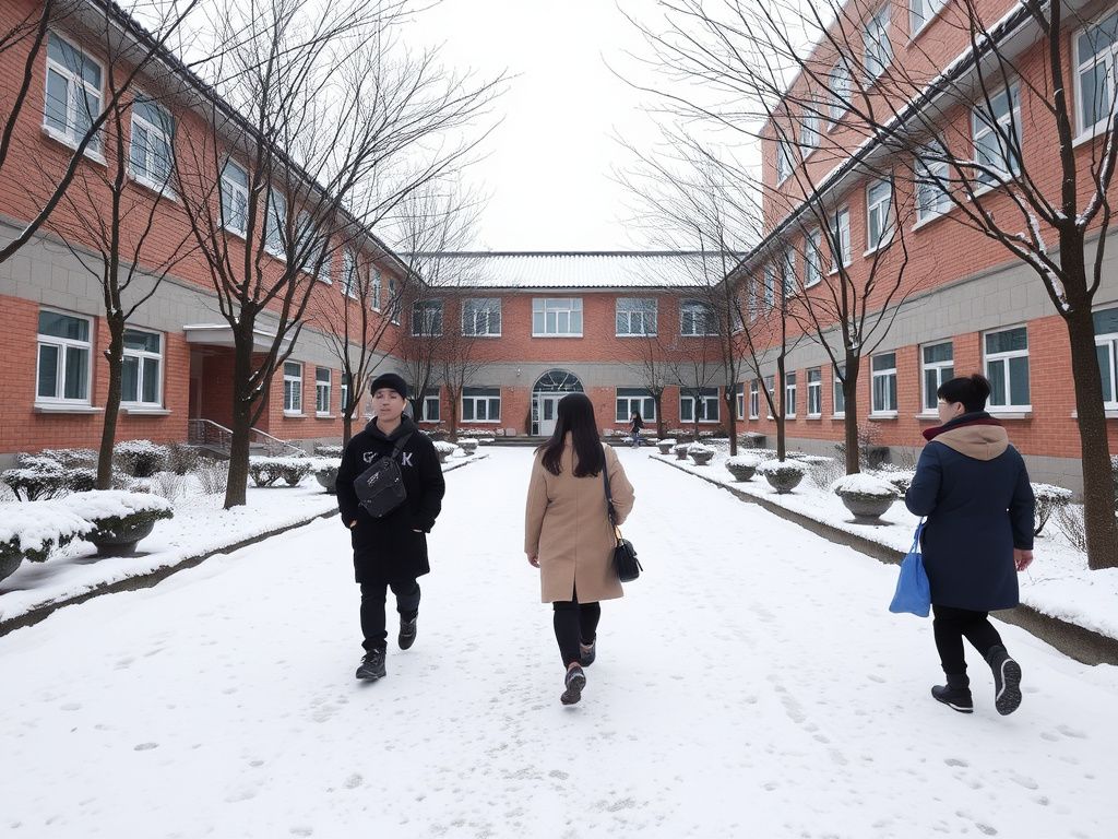 Korean students walking through a snowy school courtyard