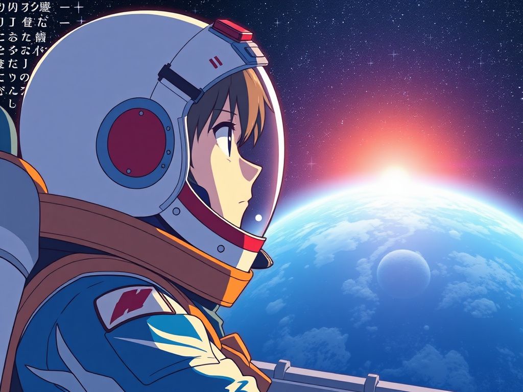 Japanese anime space pilot looking at a blue planet