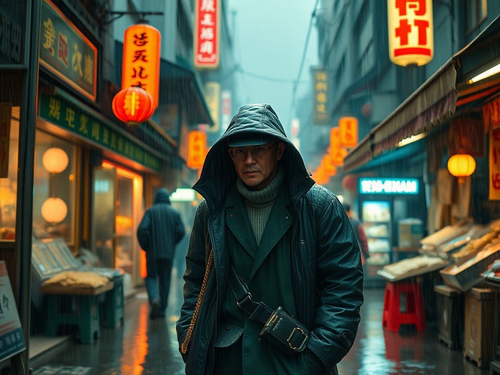 Chinese cyberpunk detective walking through a rainy market