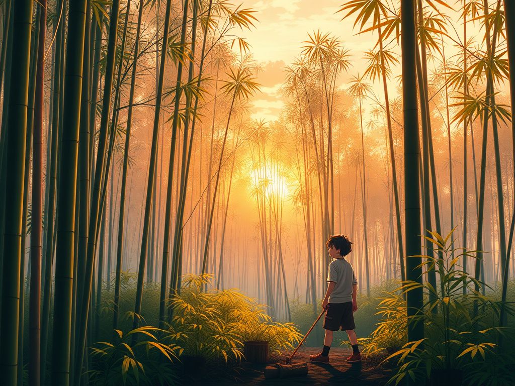 Bamboo forest with a young anime hero at sunrise