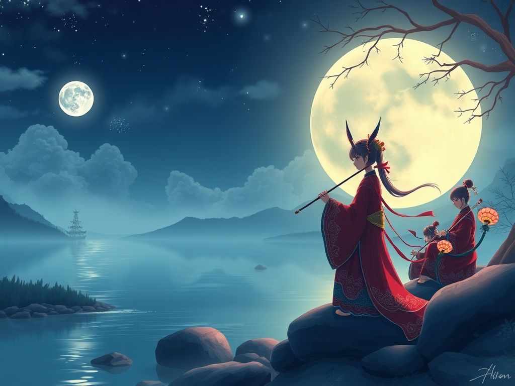 Chinese anime musicians performing beside a moonlit river