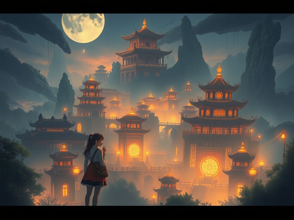 Chinese anime girl exploring a glowing ancient city