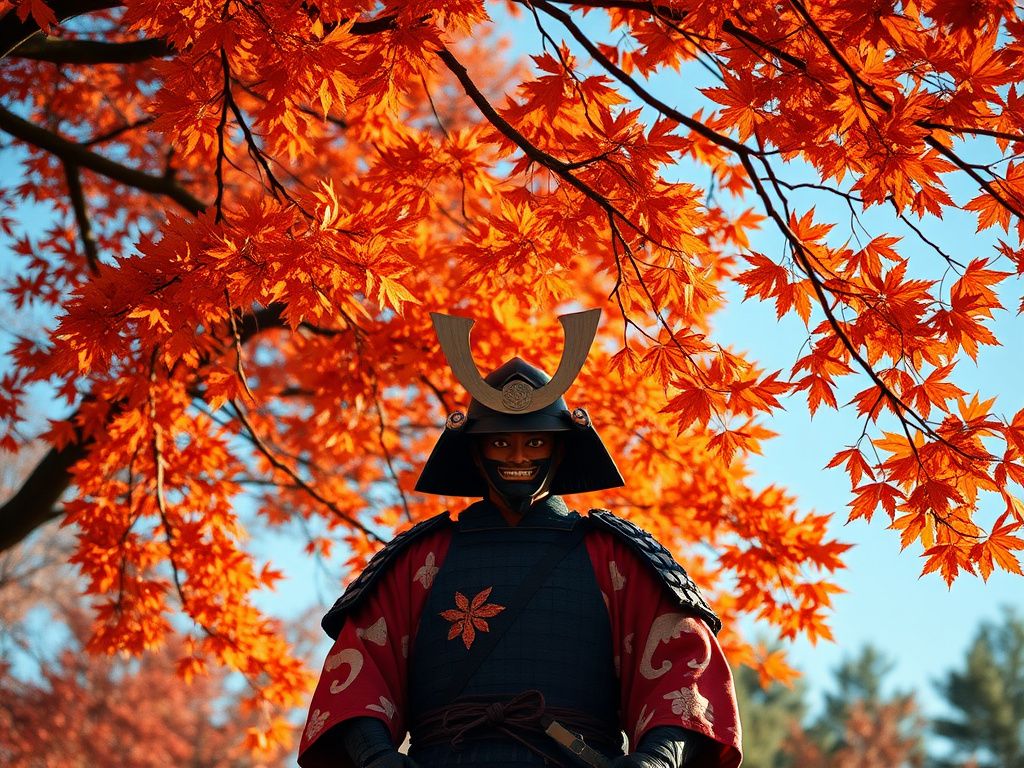 A Japanese samurai standing beneath autumn maple leaves