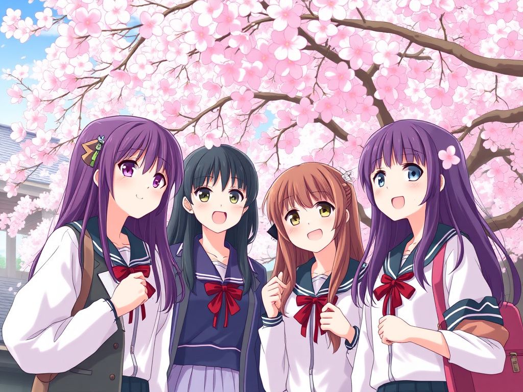 Japanese anime school friends beneath cherry blossoms
