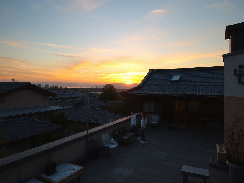 A quiet Japanese school rooftop at sunset with two students