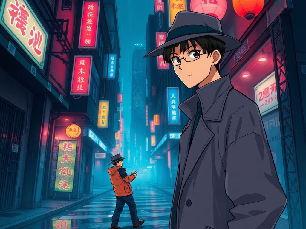 Chinese anime detective in a rain-soaked neon alley