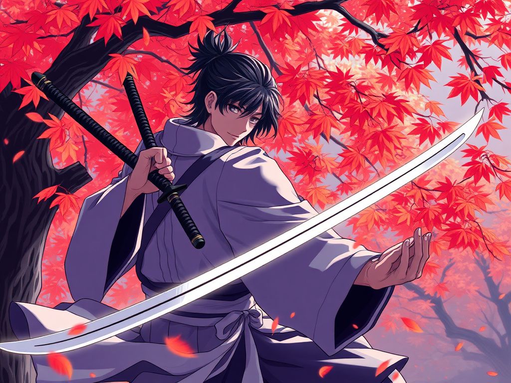 Japanese anime swordsman under autumn maple leaves